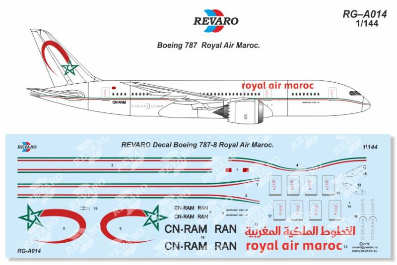 Декали для сборной модели Boeing-787 в масштабе 1/144, Royal Air Maroc, производитель REVARO, артикул: RG–A014 # 1 hobbyplus.ru