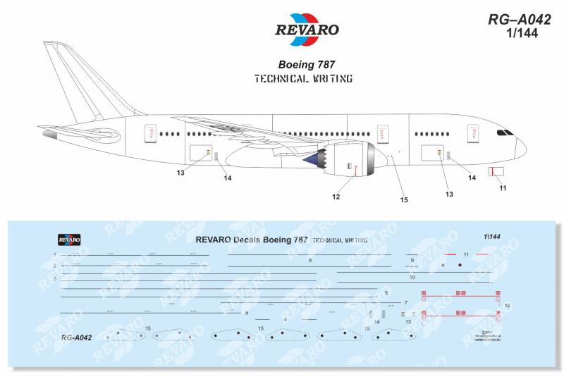 Декали для сборной модели Boeing-787 в масштабе 1/144, Технические надписи, производитель REVARO, артикул: RG–A042 # 1 hobbyplus.ru