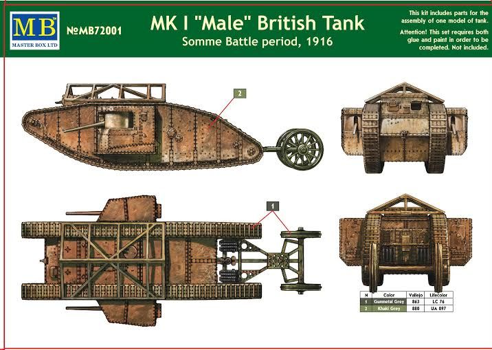 Сборная модель Mark I «Самец» британский тяжёлый танк, Битва на Сомме, 1916 год, производства MASTER BOX, масштаб 1:72, артикул 72001 # 2 hobbyplus.ru