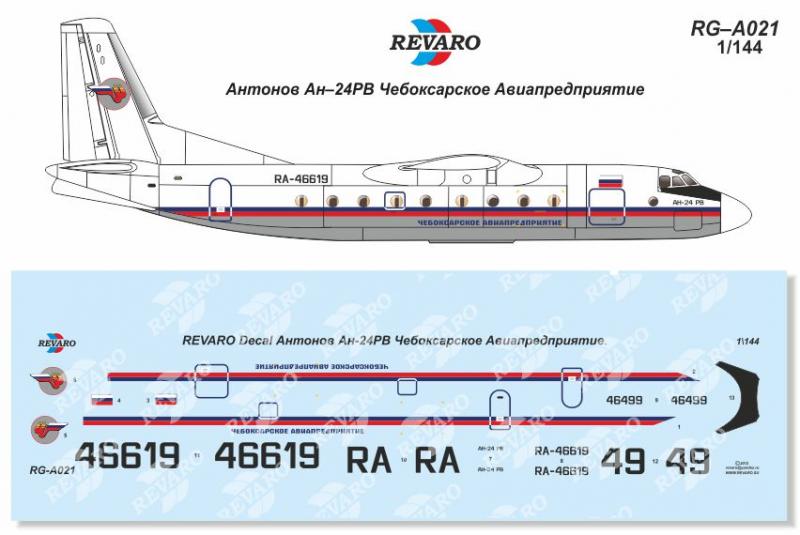 Декали для сборной модели Ан-24РВ в масштабе 1/144, Чебоксарское авиапредприятие, производитель REVARO, артикул: RG–А021 # 1 hobbyplus.ru