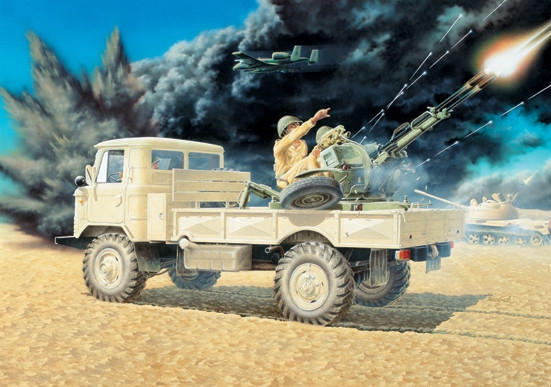 Сборная модель армейского грузовика ГАЗ-66 (с зенитной установкой ЗУ-23-2), производства ВОСТОЧНЫЙ ЭКСПРЕСС, масштаб 1/35, артикул: EE35132 # 1 hobbyplus.ru