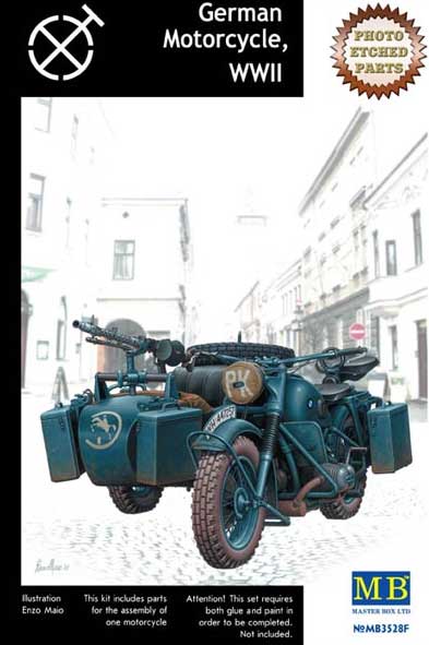 Сборная модель Немецкий мотоцикл БМВ R75 с фото травлёными деталями, 2МВ, производства MASTER BOX, масштаб 1:35, артикул 3528f # 2 hobbyplus.ru