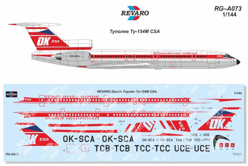 Декали для сборной модели Ту-154М в масштабе 1/144, CSA, производитель REVARO, артикул: RG–A073 # 1 hobbyplus.ru