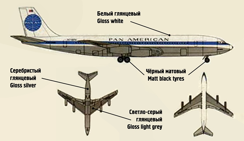 Сборная модель Американский среднемагистральный авиалайнер Боинг 707, Pan American, масштаб 1:144. # 4 hobbyplus.ru