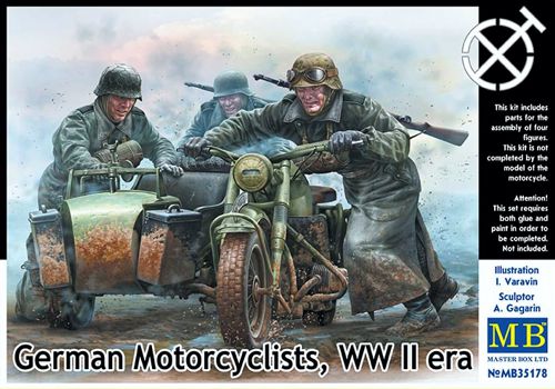 Сборная модель Германские мотоциклисты, Вторая Мировая война, производства MASTER BOX, масштаб 1:35, артикул 35178 # 1 hobbyplus.ru