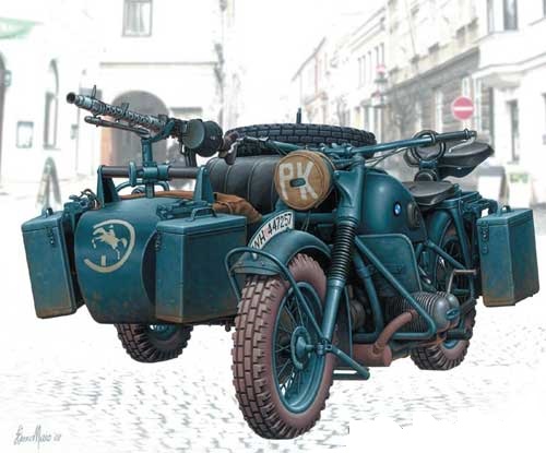 Сборная модель Немецкий мотоцикл БМВ R75 с фото травлёными деталями, 2МВ, производства MASTER BOX, масштаб 1:35, артикул 3528f # 1 hobbyplus.ru