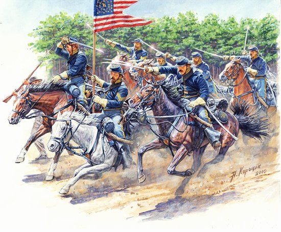 Сборная модель «В атаку!» 8-й кавалерийский полк Пенсильвании, Сражение при Чанселорсвилле, из серии Гражданская война в США, производства MASTER BOX, масштаб 1:35, артикул 3550 # 1 hobbyplus.ru