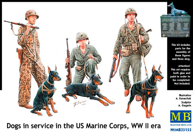 Сборная модель Собаки на службе в корпусе морской пехоты США, 2МВ, производства MASTER BOX, масштаб 1:35, артикул 35155 # 1 hobbyplus.ru