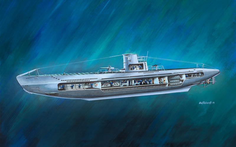 Сборная модель немецкой подводной лодки U-47 с интерьером, артикул 05060, производства REVELL, Германия, масштаб 1:125 # 1 hobbyplus.ru