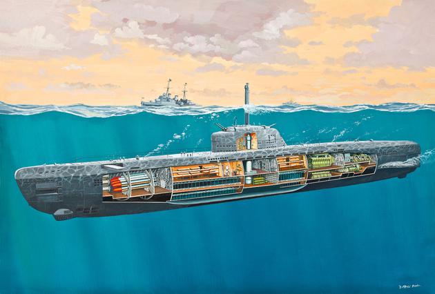 Сборная модель Подводная лодка U-Boot Typ XXI с внутренней отделкой, немецкая, артикул 05078, производства REVELL, Германия, масштаб 1:144. # 2 hobbyplus.ru