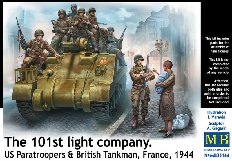 Сборная модель 101-я легкая рота. Американские десантники и британский танкист, Франция, 1944 г., производства MASTER BOX, масштаб 1:35, артикул 35164 # 1 hobbyplus.ru