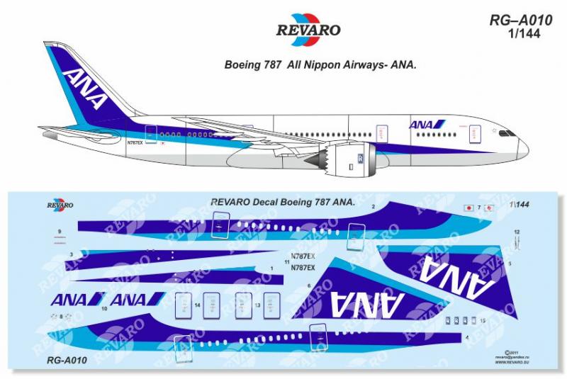 Декали для сборной модели Boeing-787 в масштабе 1/144, ANA, производитель REVARO, артикул: RG–A010 # 1 hobbyplus.ru