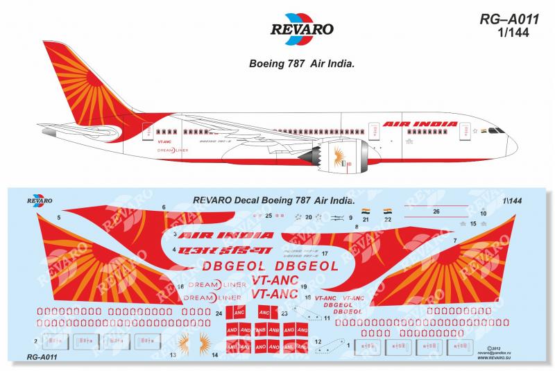 Декали для сборной модели Boeing-787 в масштабе 1/144, Air India, производитель REVARO, артикул: RG–A011 # 1 hobbyplus.ru
