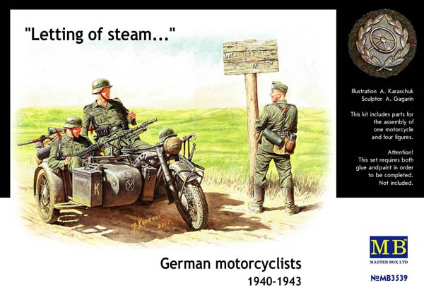 Сборная модель Немецкие мотоциклисты, 1940-1943, производства MASTER BOX, масштаб 1:35, артикул 3539 # 1 hobbyplus.ru