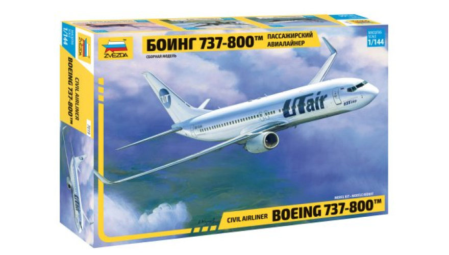 Сборная модель Пассажирский самолет Боинг 737-800™ авиакомпании ютэйр. Масштаб 1:144, артикул 7019 пн. Подарочный набор.