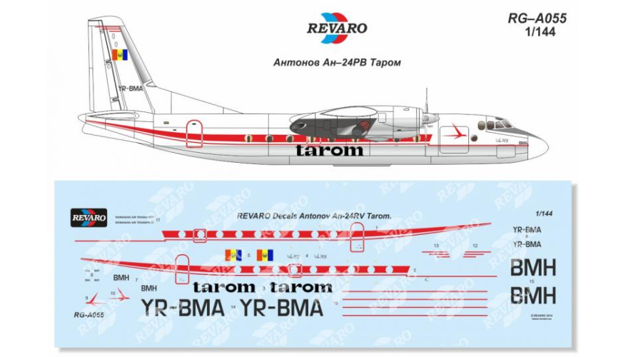 Декали для сборной модели Ан-24РВ в масштабе 1/144, Tarom, производитель REVARO, артикул: RG–А055