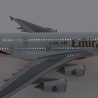 Большая модель самолета Аэробус А380 авиакомпании EMIRATES, с освещением салона и кабины пилотов. Длина 46 см.