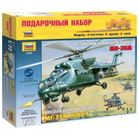 Подарочный набор сборной модели Российский ударный вертолет Ми-35М, в комплекте кисточки, краски и клей, производитель «Звезда», масштаб 1:72, артикул 7276ПН